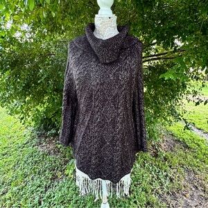 White House Black Market Black Ecru Cable Knit Cowl Neck Poncho Sweater Size M/L